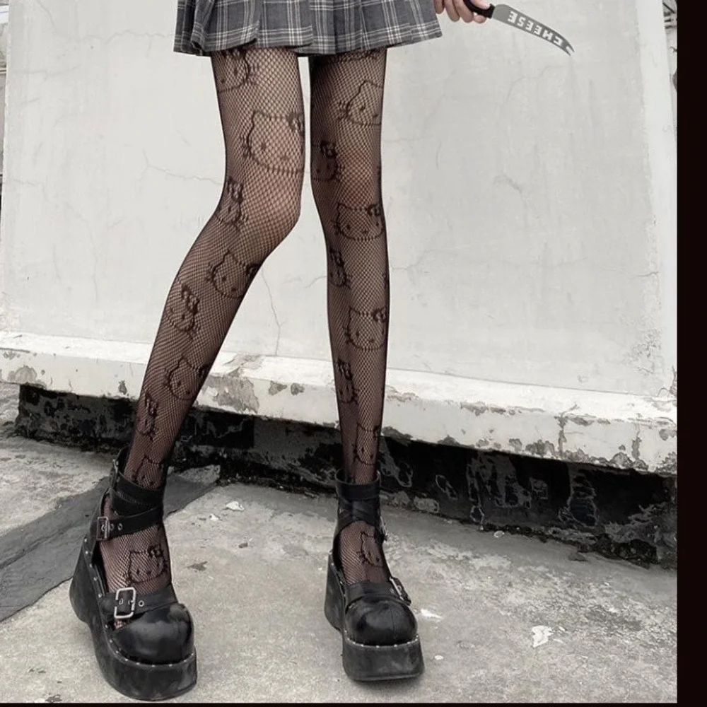 Nylon Black Fishnet Tights Hello Kitty Kawaii Sanrio Mesh Stockings Y2K Style
